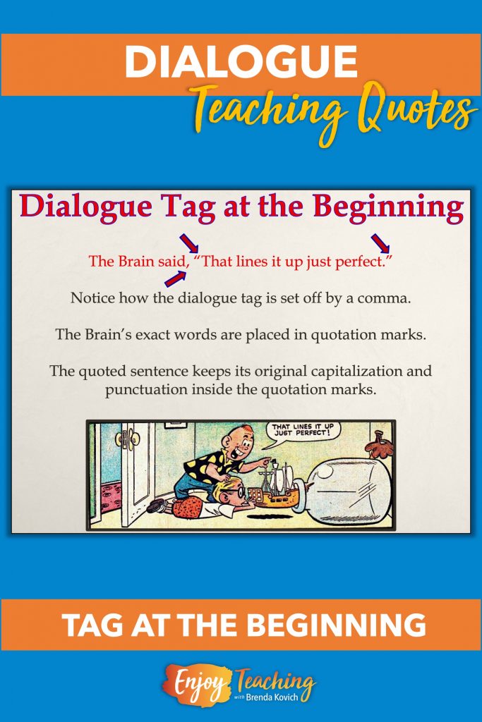 When teaching dialogue, there are different rules for when the tag is at the beginning, middle, and end. When it's at the beginning, the tag is set off by a comma. Then the entire quote - capitalized and punctuated exactly as it was in the original sentence - follows inside quotation marks.