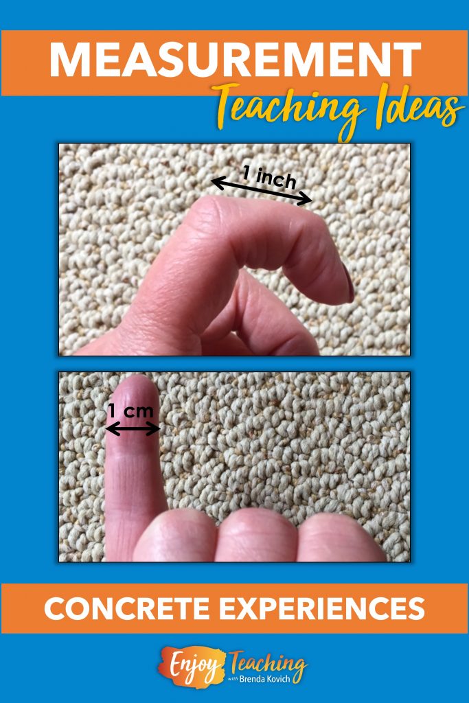 When teaching measurement for fourth grade, ease in with some concrete experiences. For example, the middle knuckle of your pointer finger is about an inch in length, while the tip of your pinkie measures about one centimeter.