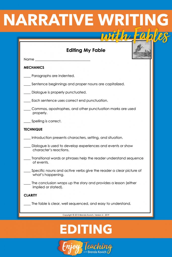 Editing for mechanics, technique, and clarity is essential in beginning narrative writing. This checklist provides specific guidance.