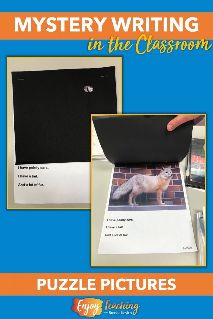 As an alternative mystery writing activity, try simple puzzle pictures. Only a small portion of a picture can be seen through a piece of construction paper. At the bottom, kids see clues and try to guess what's underneath. They can lift to see.
