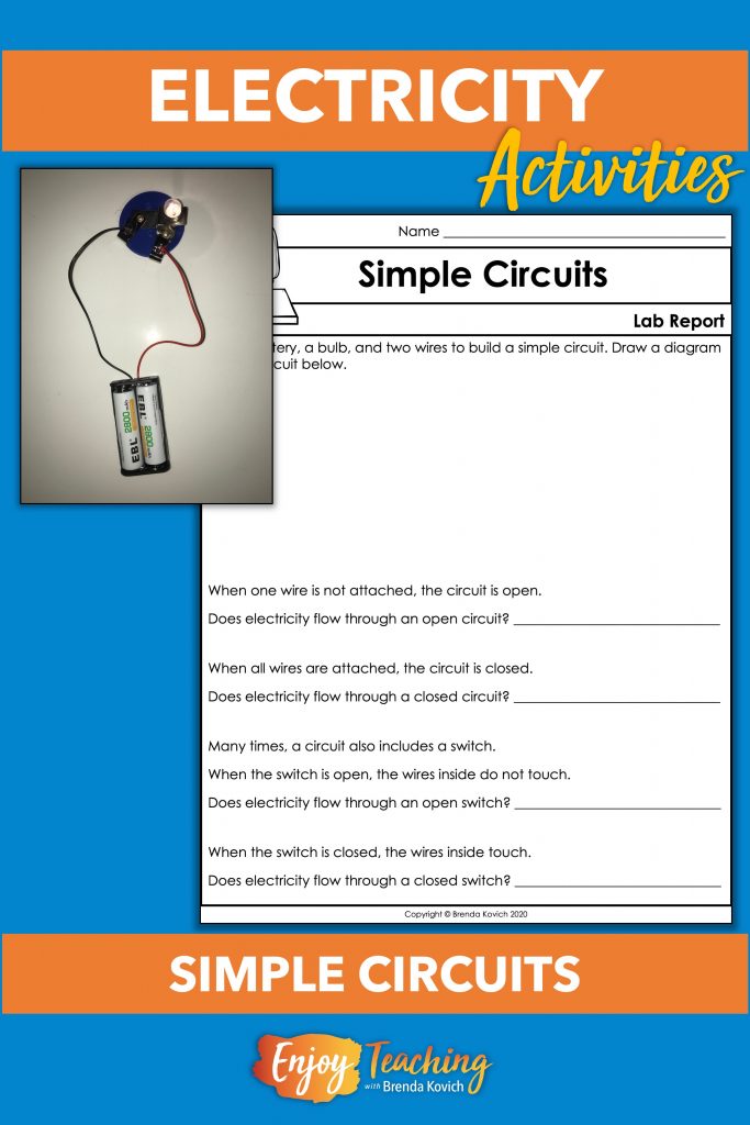 Begin your electrical circuit activities with a simple circuit. Kids use two wires to connect a bulb to a battery.