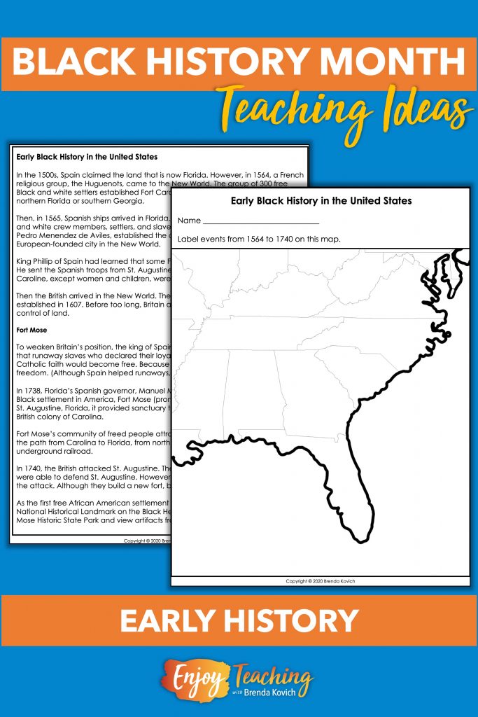 This one-page informational text tells about Fort Caroline and Fort Mose, the earliest settlements (1564-1738) for Black Americans. Kids use information to pinpoint the location. An additional worksheet asks them to create a timeline.