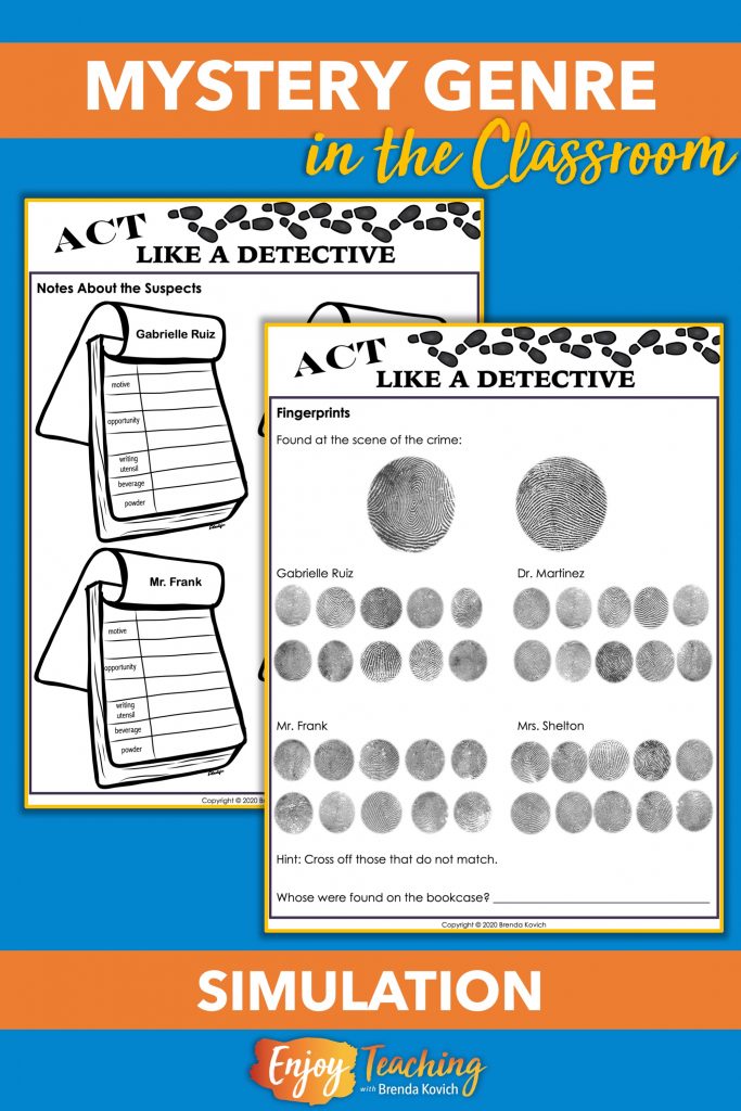Ask your third, fourth, or fifth grade students to act like detectives. Add a simulation when teaching mystery genre. Kids use pictorial evidence, interviews, fingerprints, powder analysis, and chromatography to crack the case.