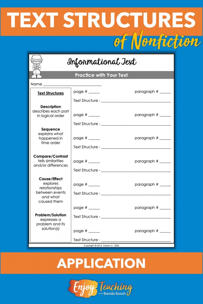 After you learn how to teach text structures, ask kids to apply what they know about the five types of informational text. This page applies to any nonfiction text.