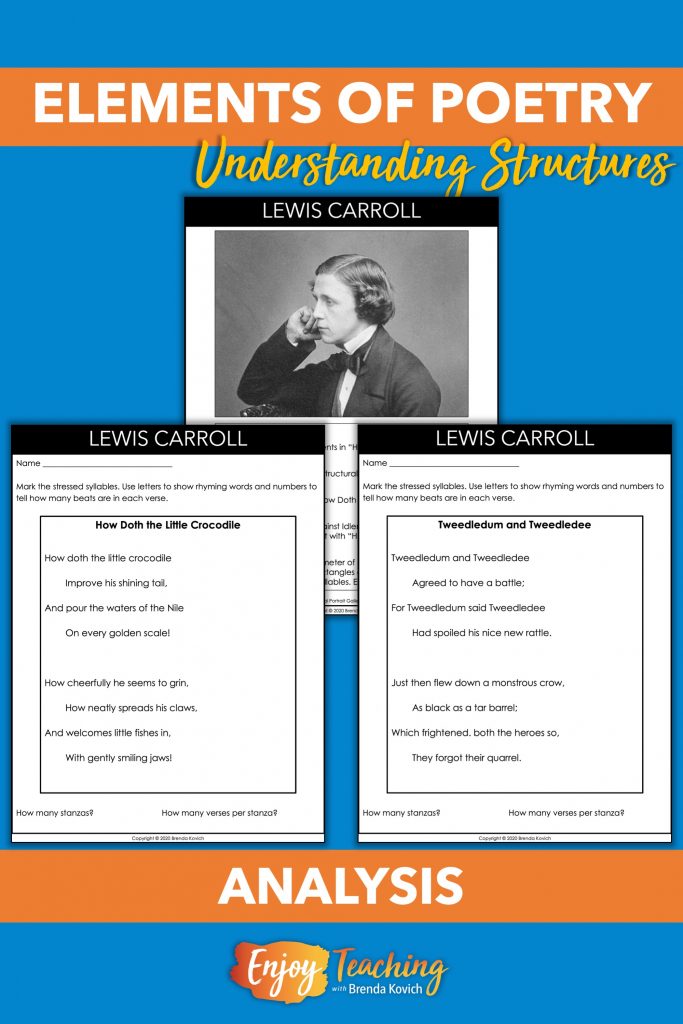 Use poems from kid-friendly poets like Lewis Carroll to teach elements. Kids can mark up the pages to show rhythm, rhyme, and more!