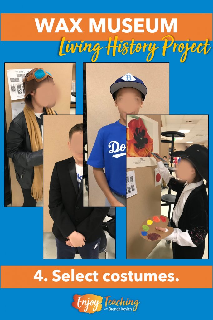 Here you see some wax museum project ideas for costumes. However, all kids need are their imaginations - and maybe a thrift store.