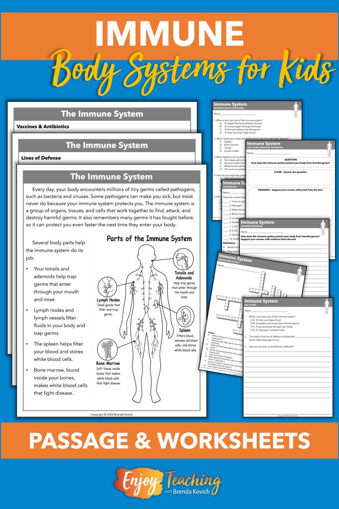The immune system resource includes a three-page reading passage, multiple-choice questions, CER chart, open-ended response, vocabulary worksheet, crossword puzzle, and exit ticket.