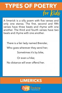 A limerick is a silly poem with five verses and only one stanza. The first, second, and fifth verses have three beats and rhyme with one another. The third and fourth verses have two beats and rhyme with one another.