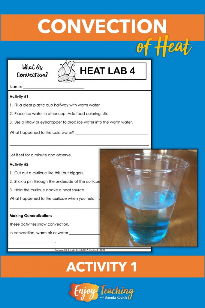 When teaching convection, try this simple experiment. Fourth grade students add colored cold water to a glass of hot water and watch it sink.