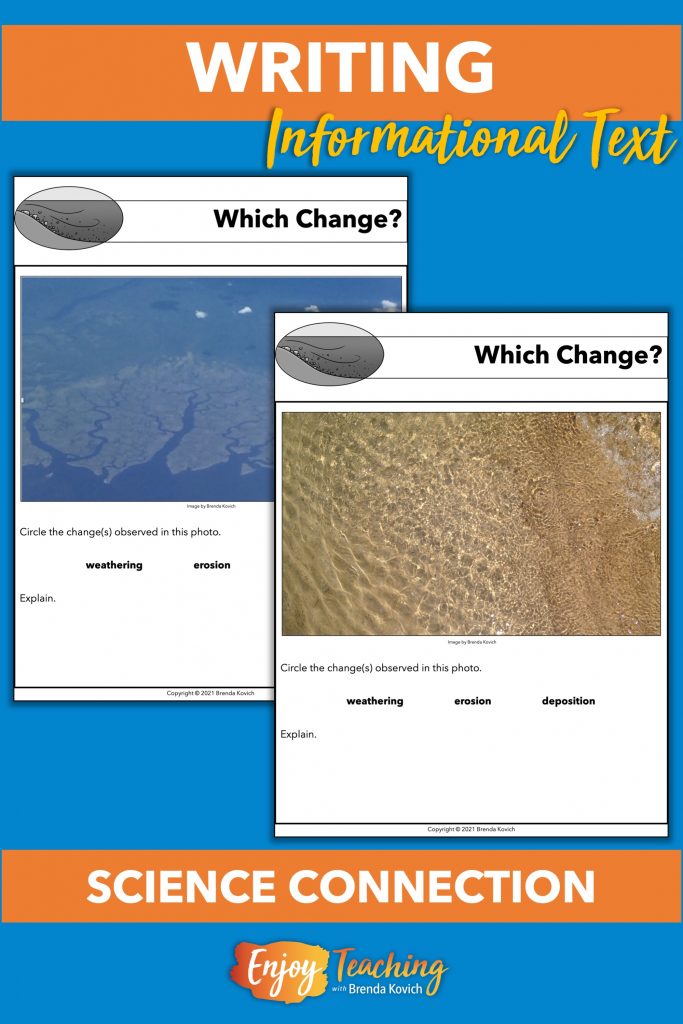 Consider using a science connection when writing with cause and effect text structures. Here, for example, kids can write paragraphs explaining weathering, erosion, and deposition.