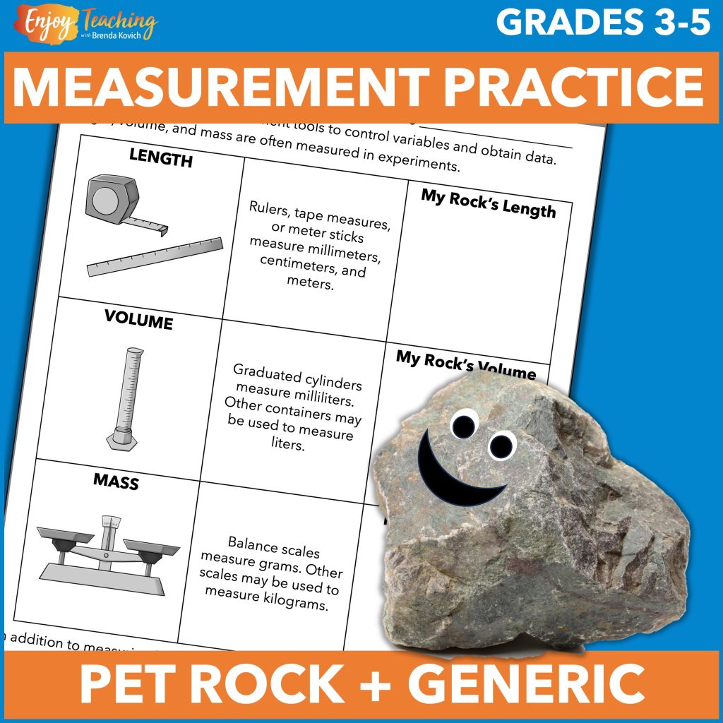 Kids practice metric measurement (length, volume, and mass) with an informative lab sheet and a small "pet" rock.