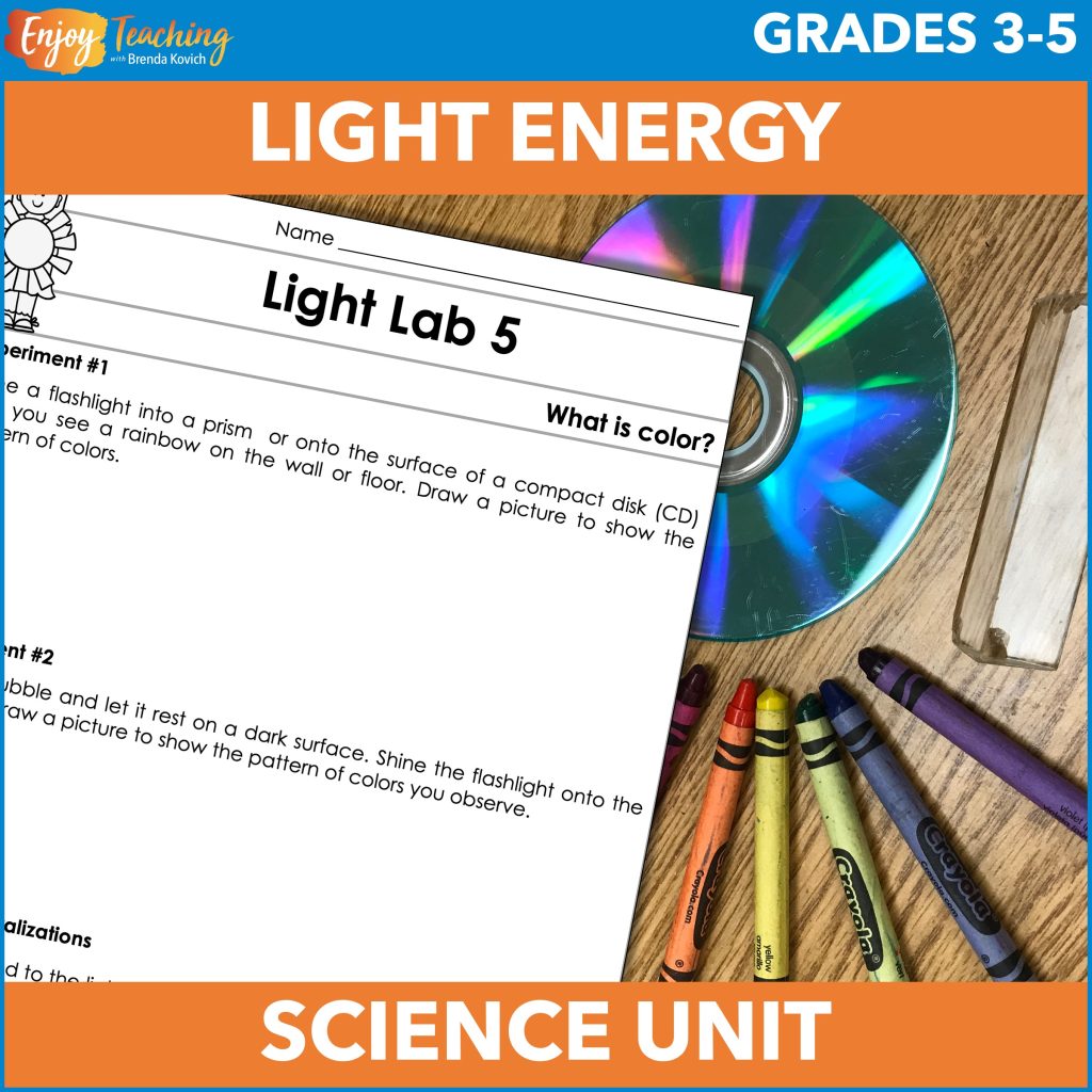 A variety of hands-on activities, which can be used as stations or labs, let kids explore light energy concepts. For example, in this image, a CD or prism can be used to explore the visible spectrum.