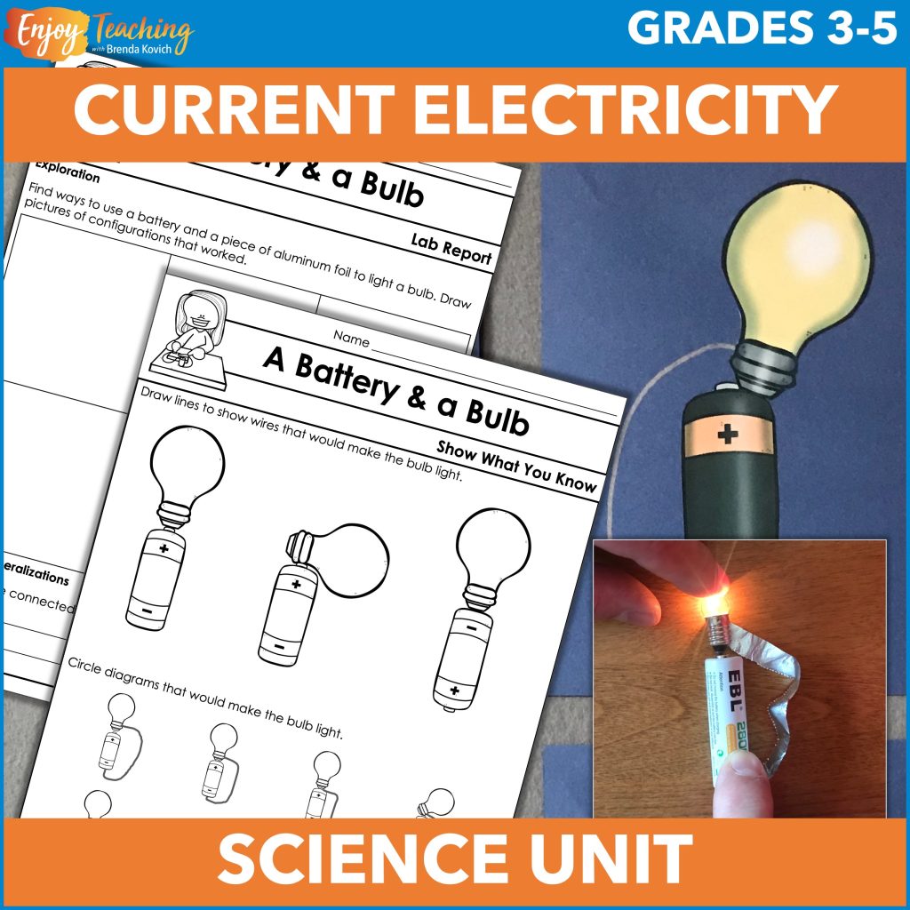 In this set of science curriculum activities, kids use hands-on activities to explore electrical circuits. For example, in this image, they use a battery, a bulb, and a piece of aluminum foil to find ways to get it to light.