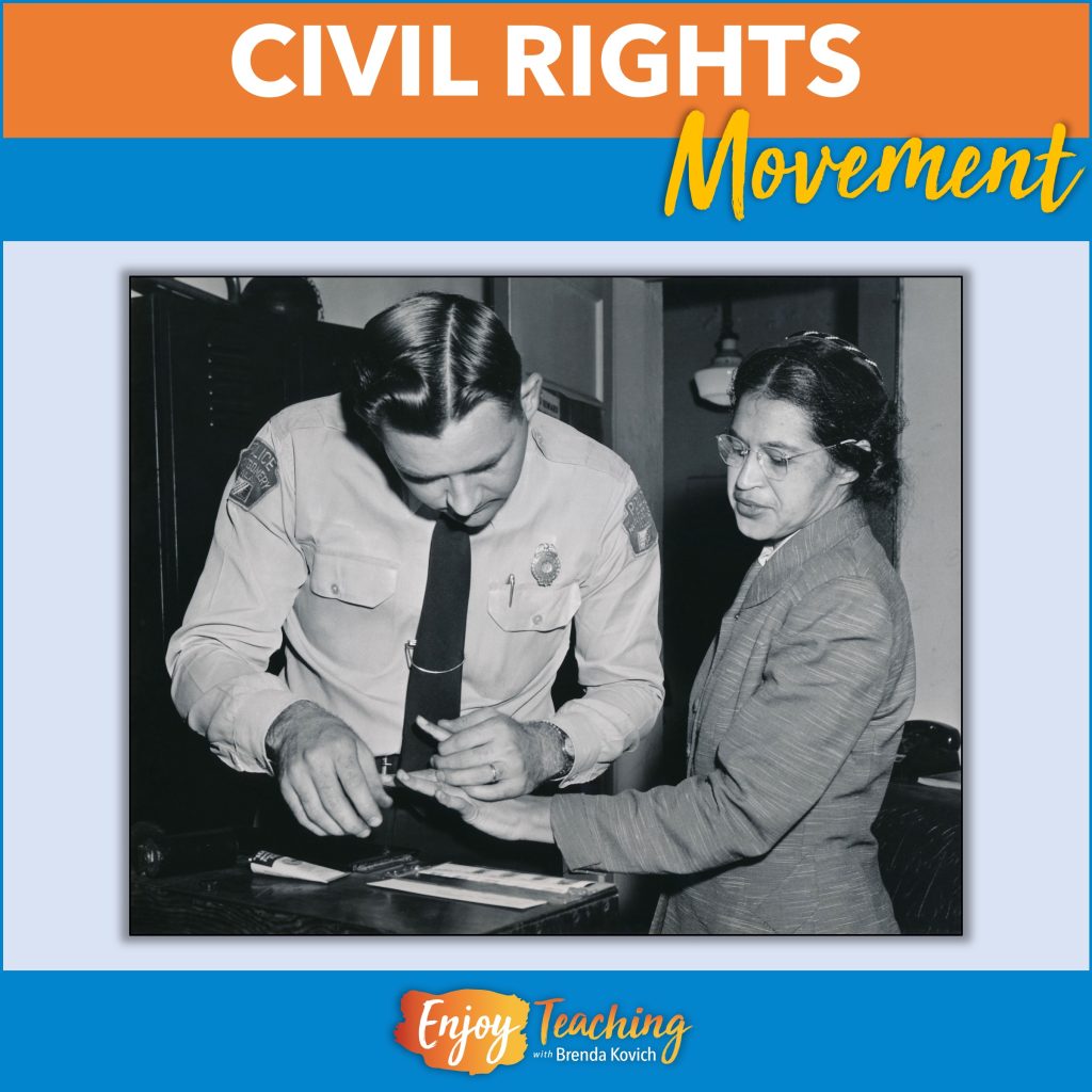 Complete Civil Rights Movement lesson plans include vocabulary, reading passage, questions, timeline and map.